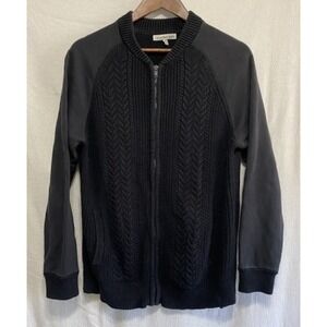 Calvin Klein Jeans Mens Black Cable Knit Mixed Media Full Zip Bomber Jacket M